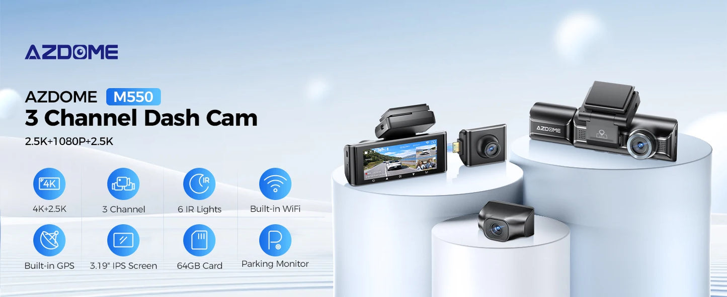 AZDOME M550 3 CH 4K+2.5K WiFi-GPS Ultra Color Dash Cam